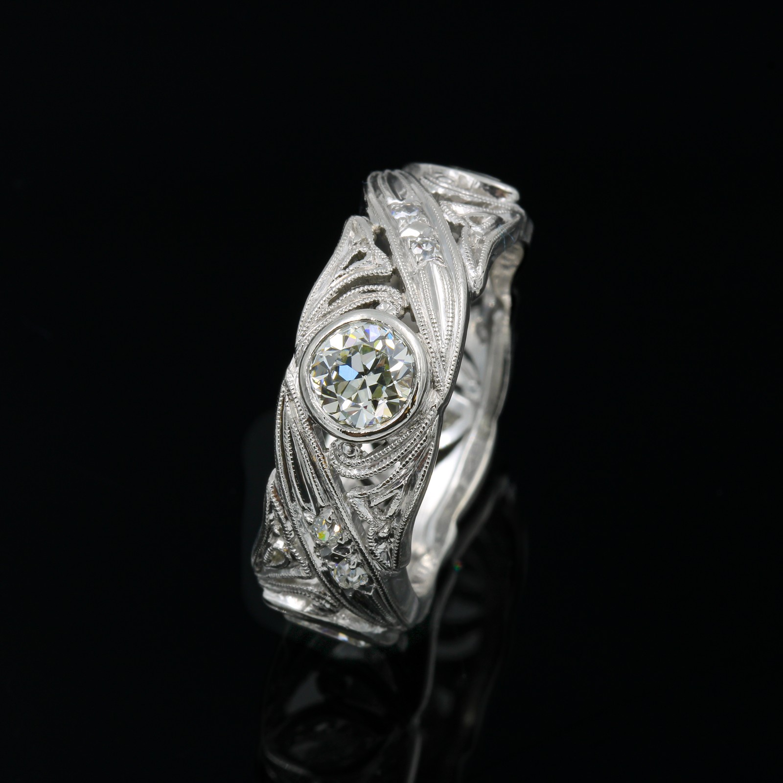 Platinum 870 0.89ctw Round & Marquise Diamond Milgrain Size 6.5 Ring #E2590