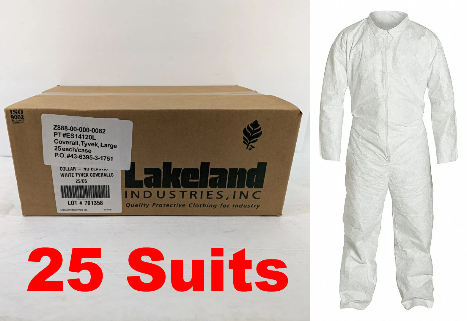 Lakeland Tyvek 400 TY120S LARGE Collared Disposable Suit Coveralls | 25 Pack New