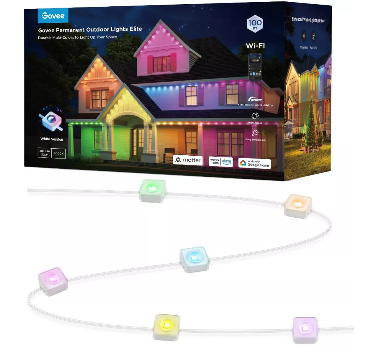 Govee 100ft RGBICW White Permanent Outdoor Lights Elite with 72 LED Lights Govee 100ft RGBICW White Permanent Outdoor Lights Elite with 72 LED Lights