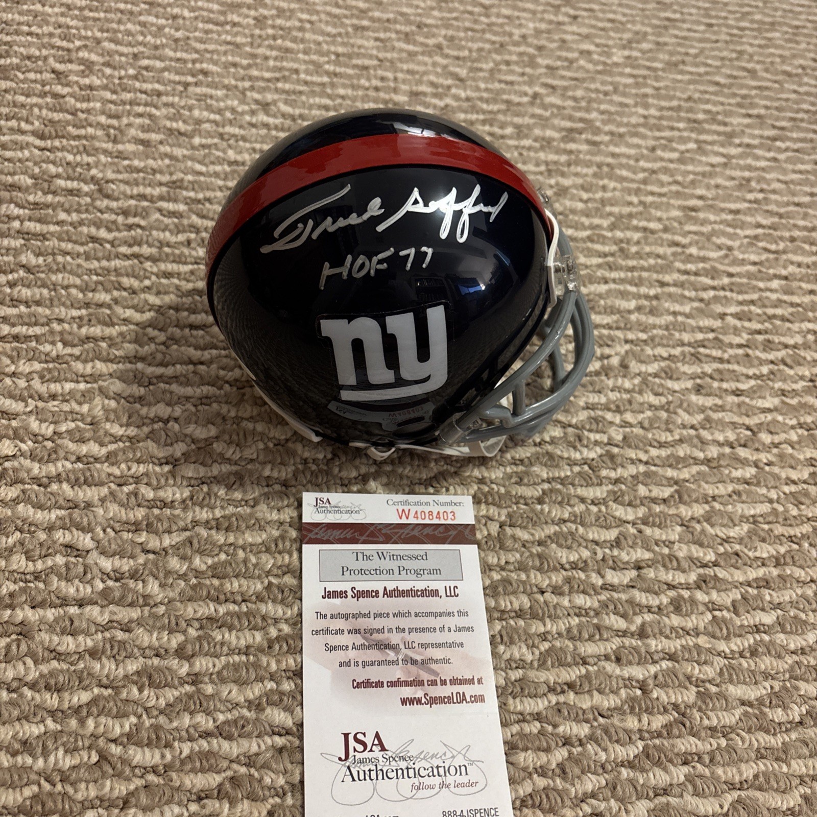 Frank Gifford Signed Giants Mini Helmet “HOF 77” Inscription, JSA Witnessed
