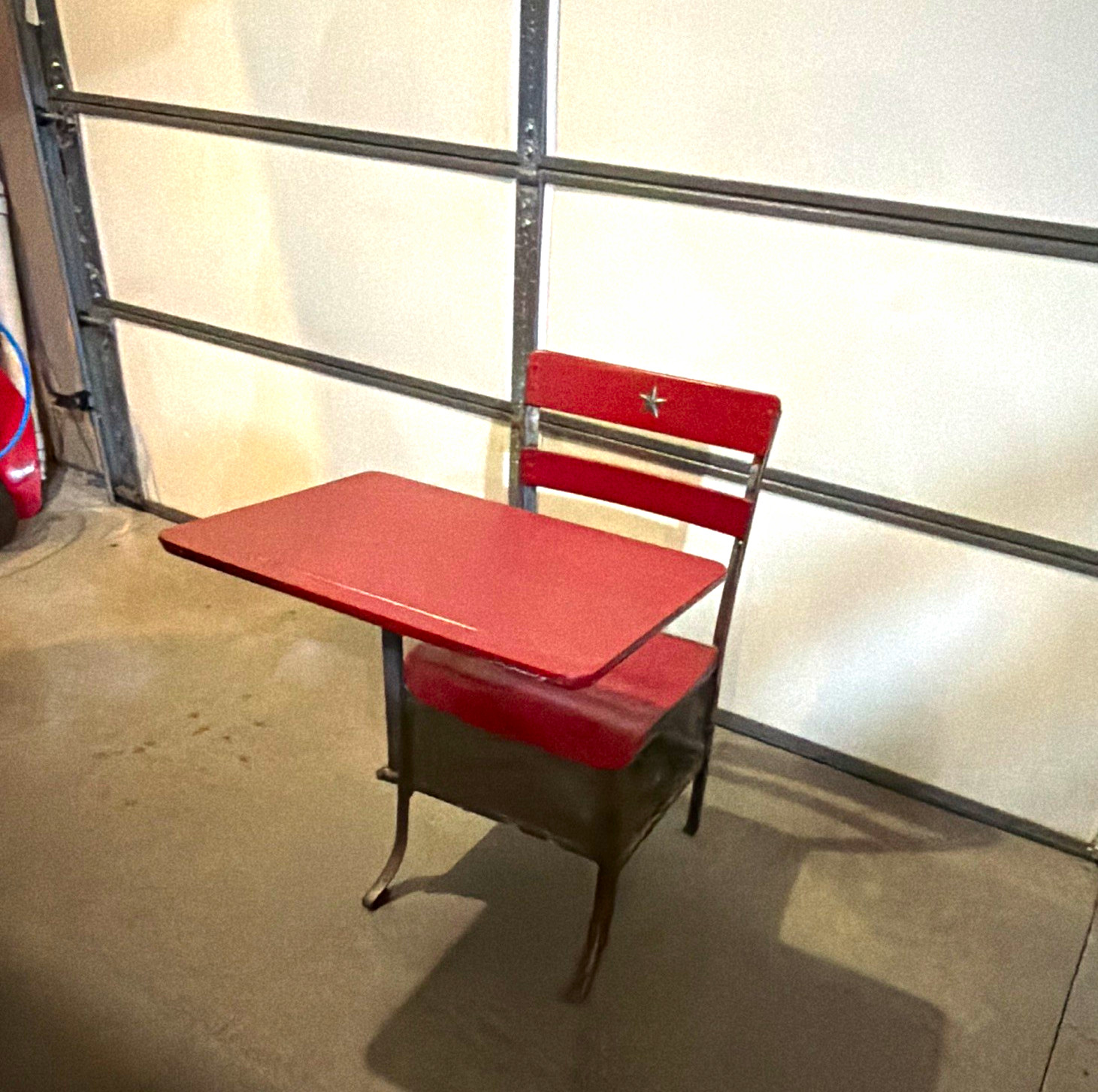 Vintage Student School Chair w/ Attached Writing Tablet Desk, Red Metal Vintage Student School Chair w/ Attached Writing Tablet Desk, Red Metal