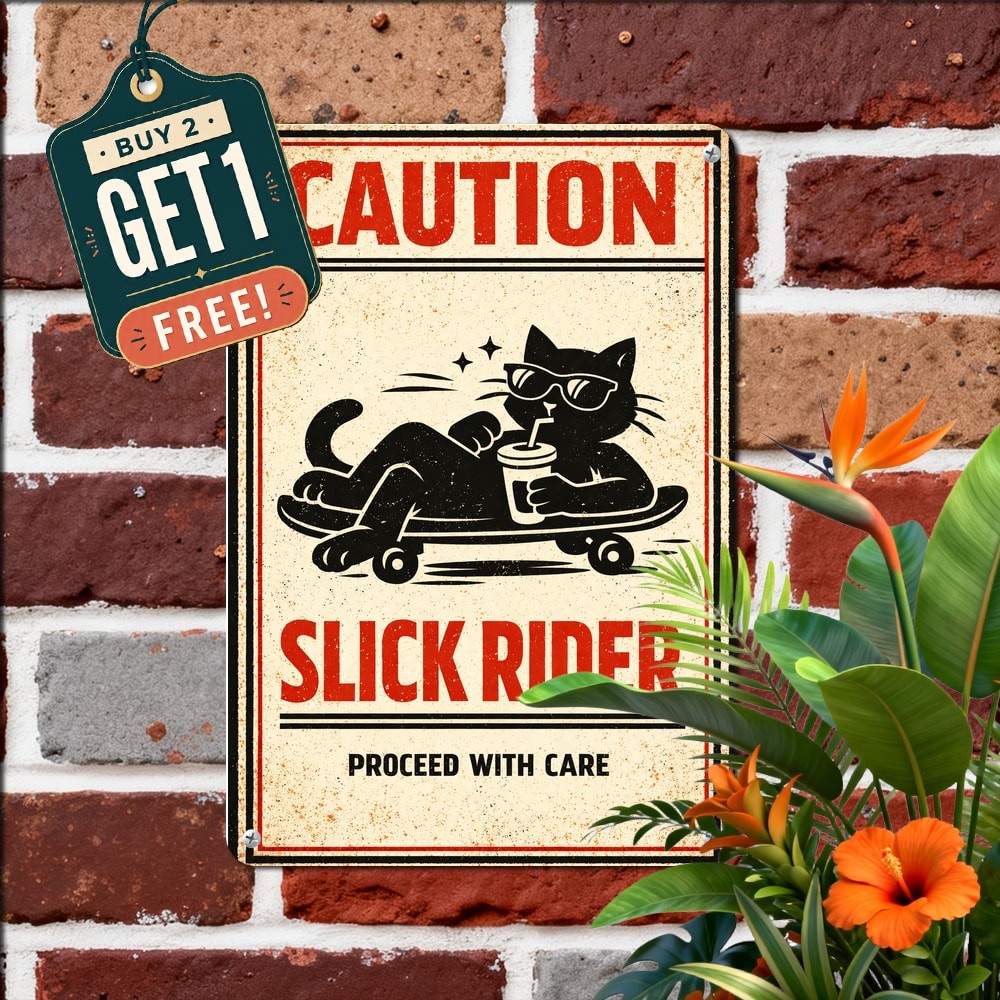 Beware Bad Dog Skateboarding Tin Sign Funny Retro Pet Warning Metal Plaque 8x12
