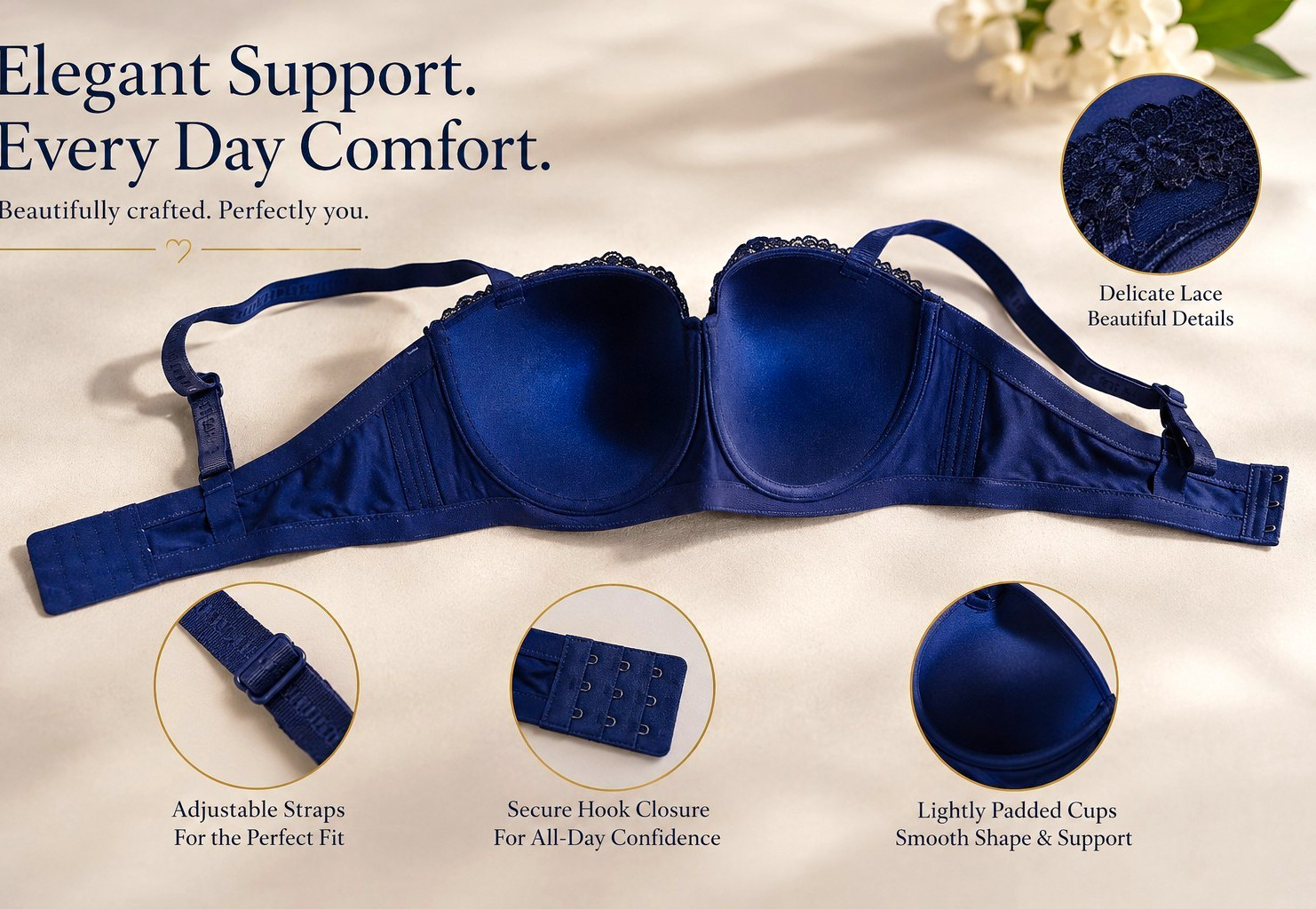 Women’s Blue Lace Underwired Balconette Bra, Lightly Padded, 44D Hook & Eye