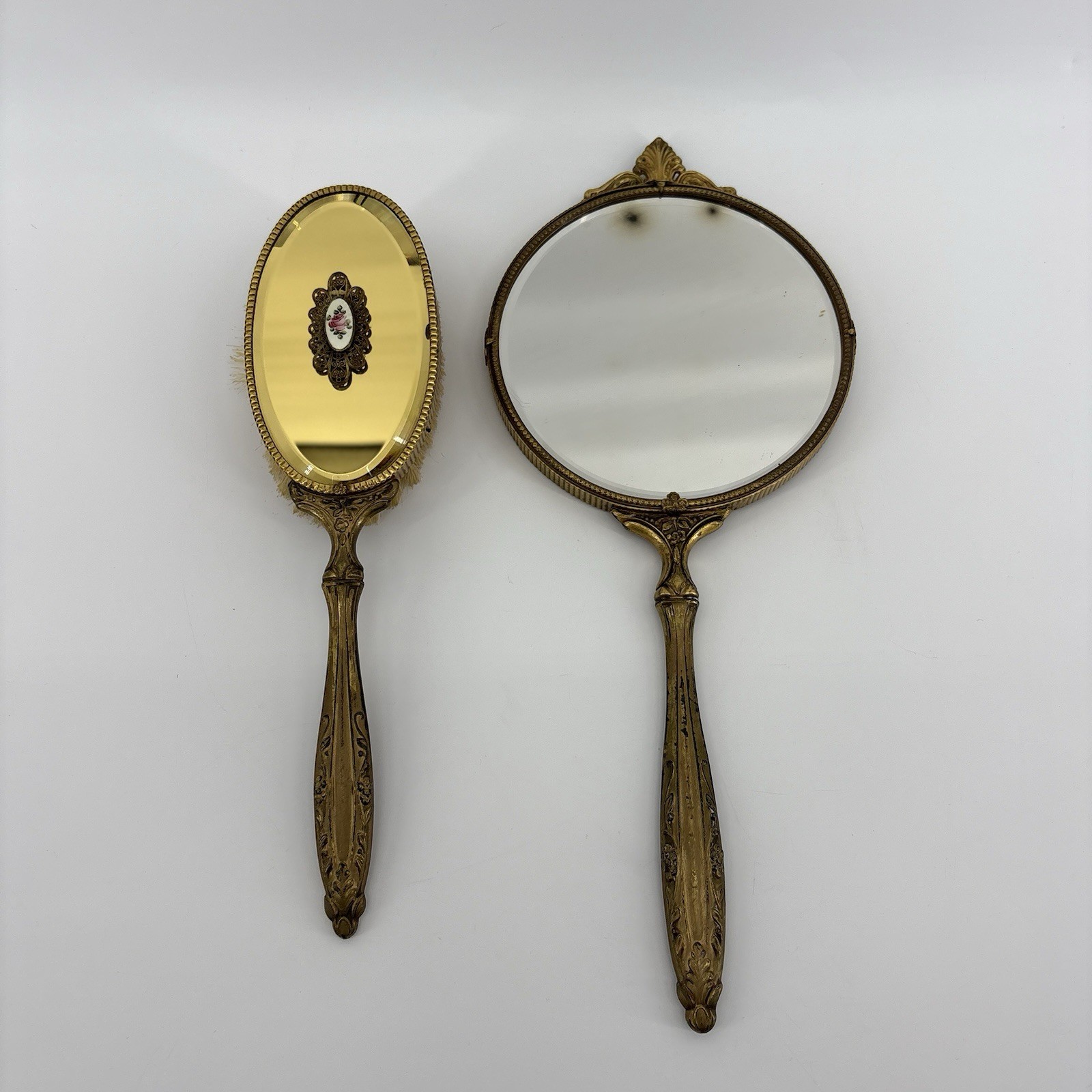 ANTIQUE VTG. LARGE BRASS HAIR BRUSH W/ HAND MIRROR FROM THE 1950'S-1960'S