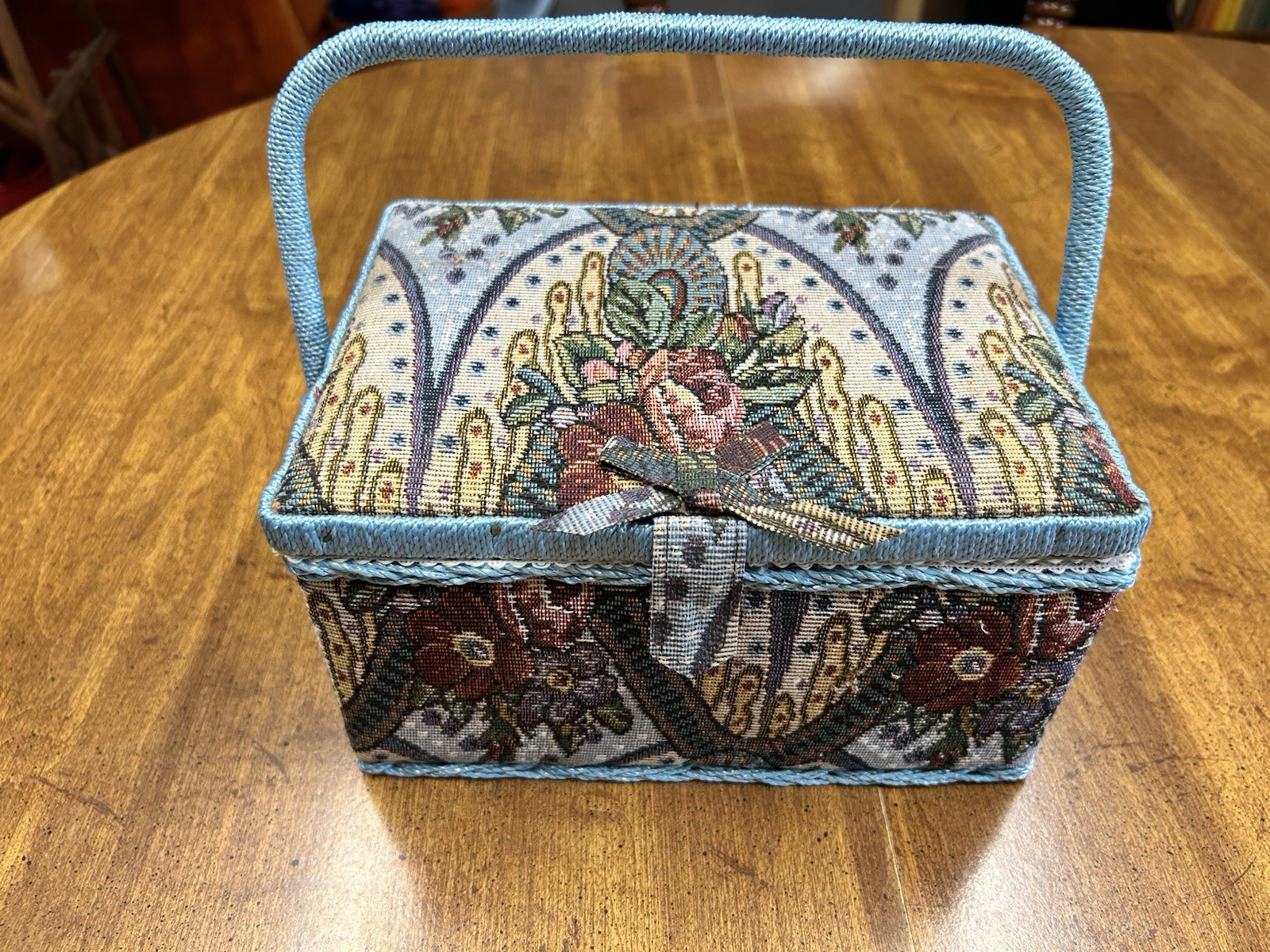 Vintage Blue Fabric Floral Pattern Sewing Craft Basket Wicker Handle & Contents.