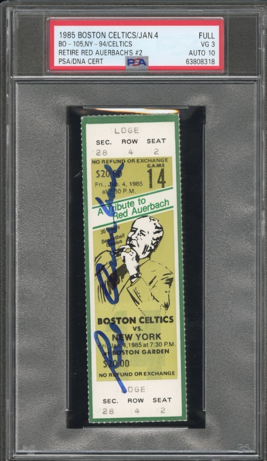 Rare Tribute to RED AUERBACH signed BOSTON CELTICS Jan 4, 1985 Banner TICKET PSA