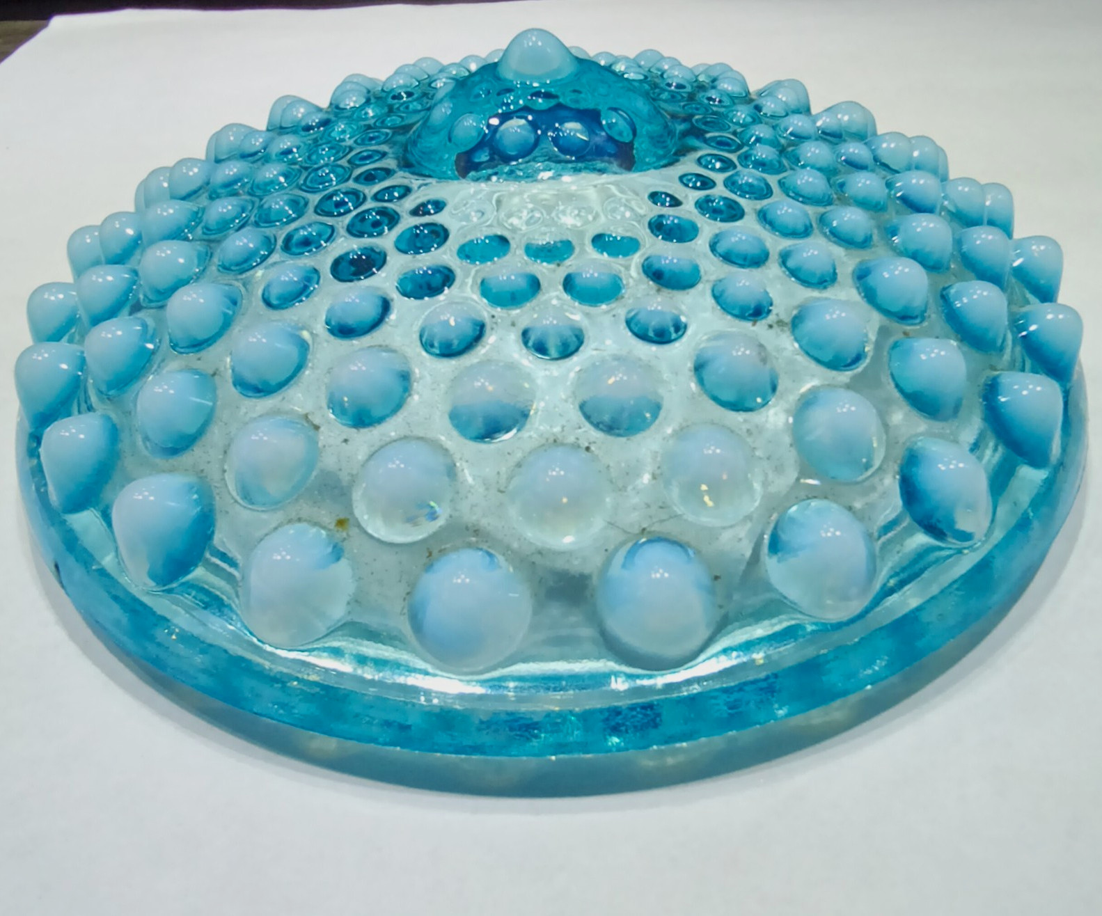 Vintage Fenton Blue Opalescent Hobnail Glass Powder Jar Lid Only 3.5