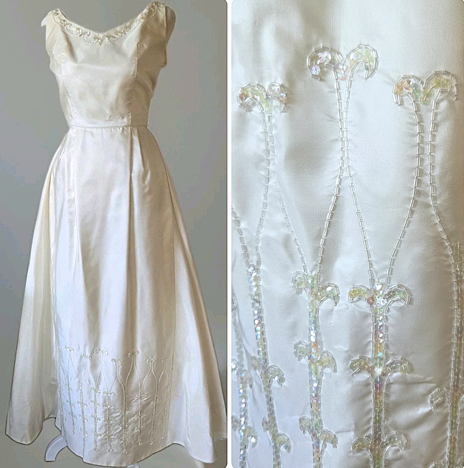 Vtg 60s 70s Beaded Ivory Designer Wedding Gown, A Line, 4/S, GREAT COND.