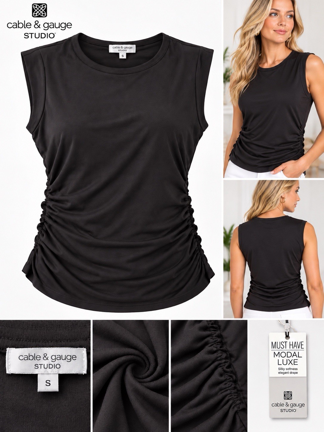 Cable & Gauge Studio Chocolate Brown Modal Luxe Ruched Sleeveless Top Woman S 🚀