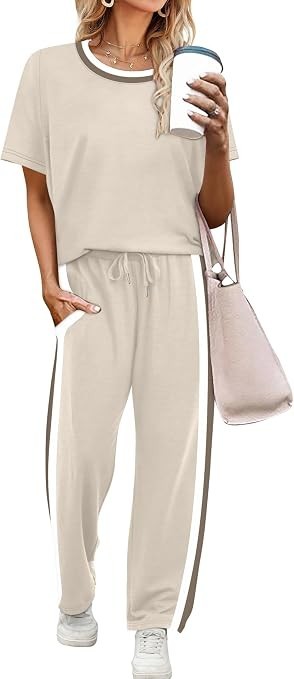 Wiholl Lounge Set 2 Piece Outfit Women\'s Large Beige SS Stretch Travel Beach NWT Wiholl Lounge Set 2 Piece Outfit Women\'s Large Beige SS Stretch Travel Beach NWT