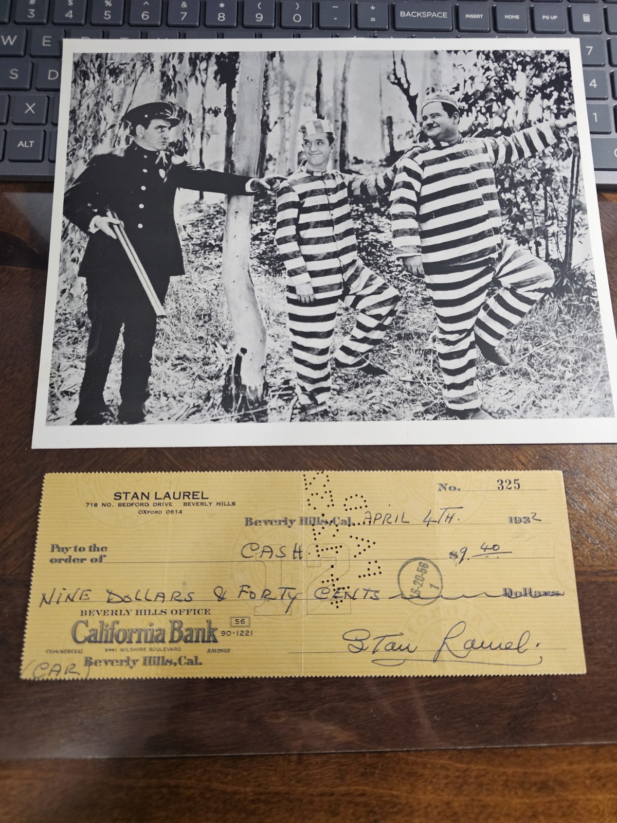Stan Laurel signed check 4/4/1932 California Bank Stan Laurel signed check 4/4/1932 California Bank