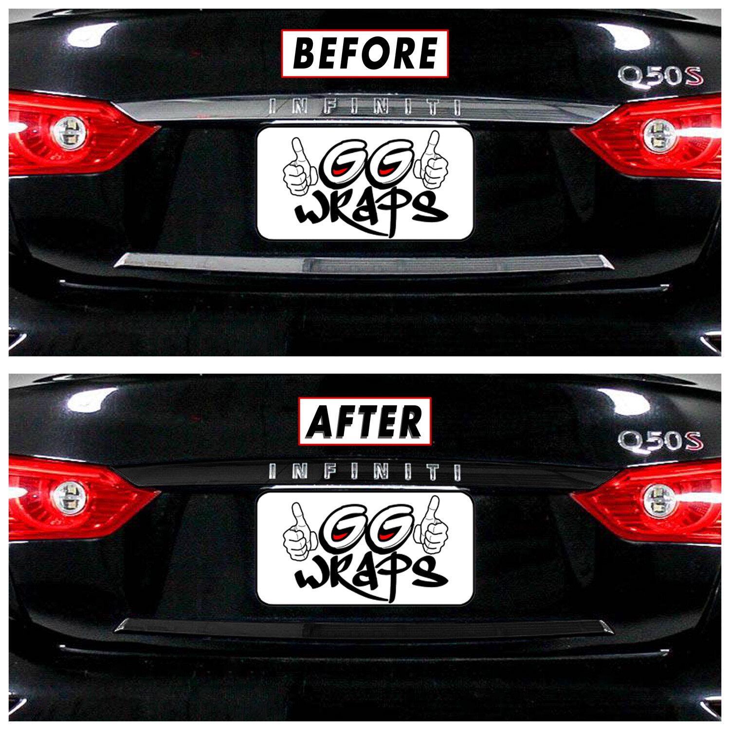 Chrome Delete Blackout Overlay for 2014-17 Infiniti Q50 Q50S Rear Trunk Trim