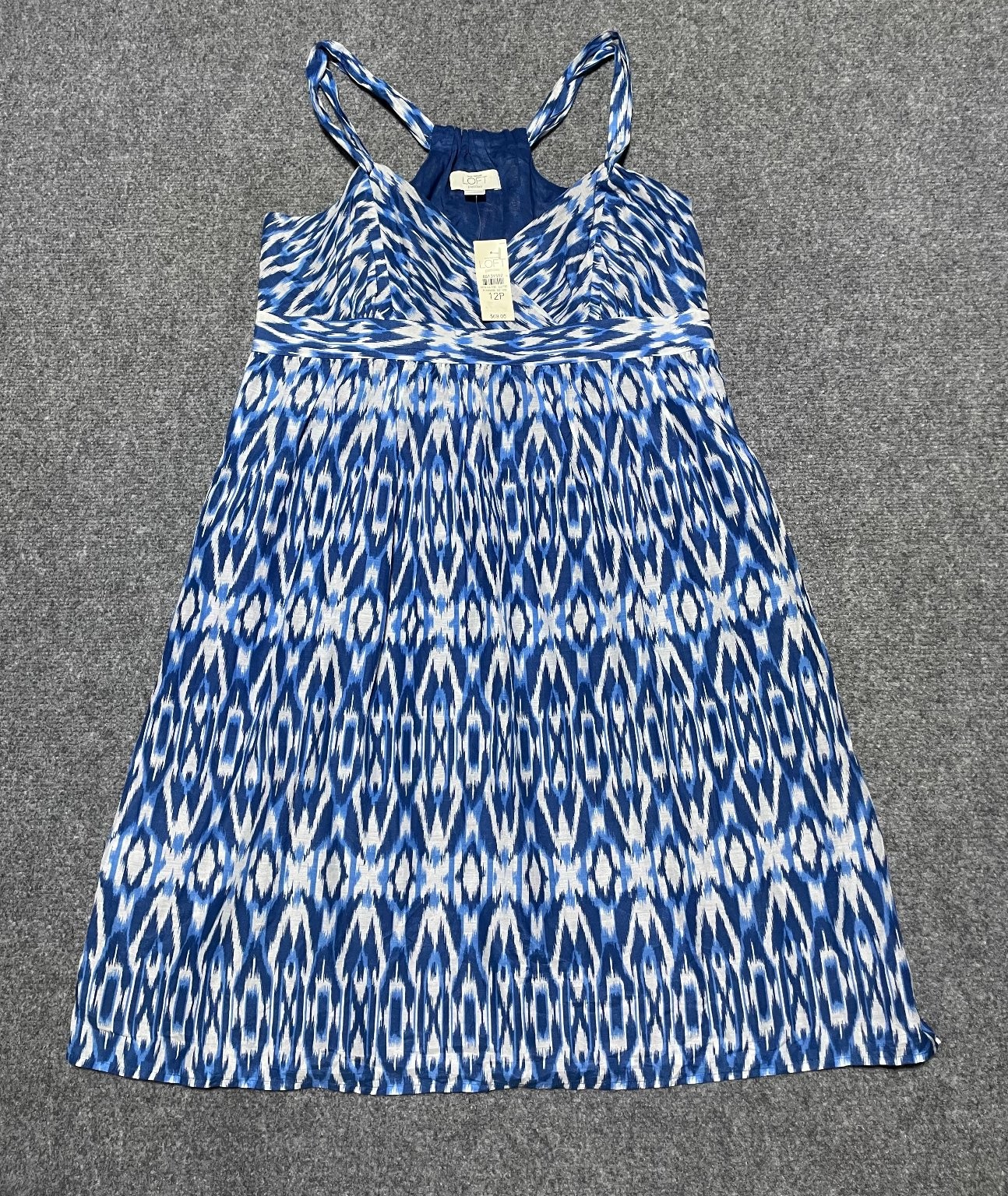 NWT LOFT Petites 12P Blue White Ikat Print Halter V-Neck Sleeveless Dress