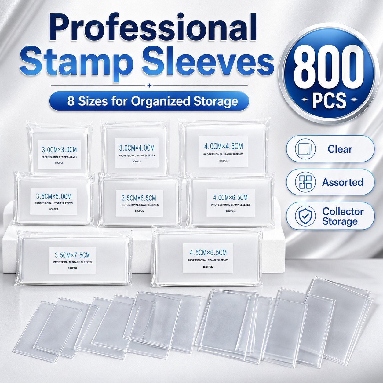 800PCS Clear Stamp Storage Sleeves 8 Sizes Stamp Collecting Organizer Supply Set