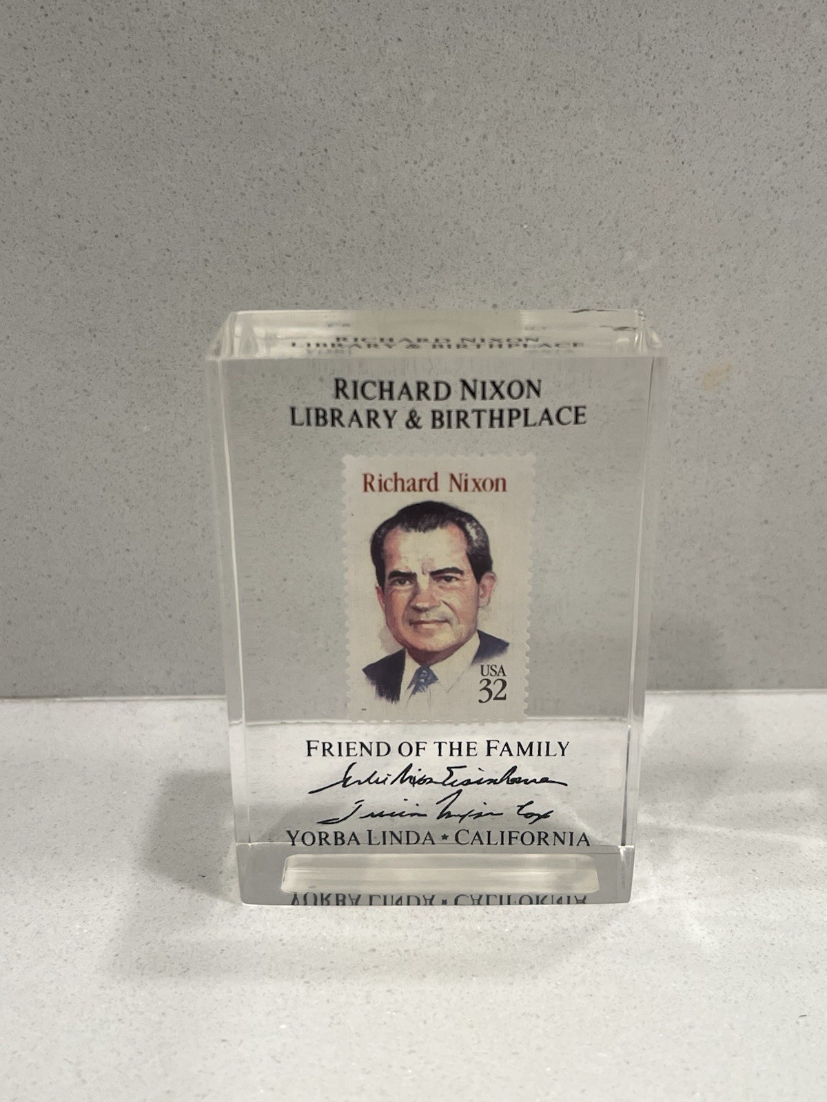 Richard Nixon Library Lucite Paperweight Stamp Yorba Linda CA Collectible Richard Nixon Library Lucite Paperweight Stamp Yorba Linda CA Collectible