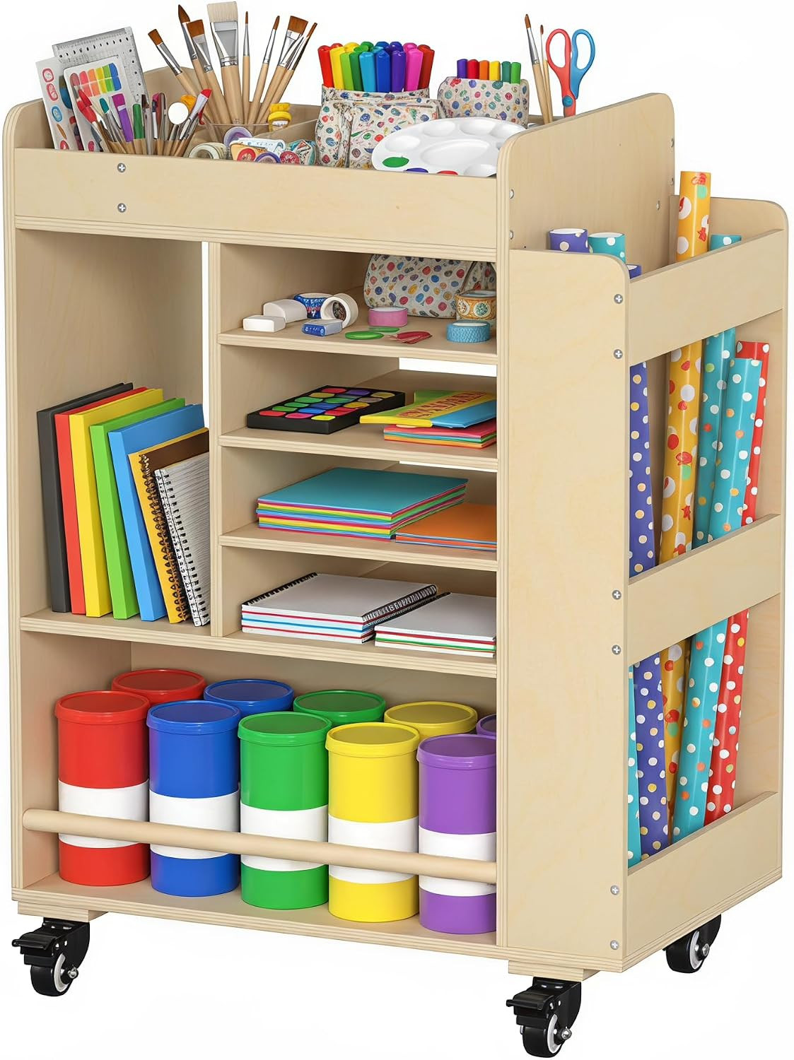 Lukar 3-Tier Wooden Art Cart Organizer with Wheels, Art Storage Cart | Rolling A