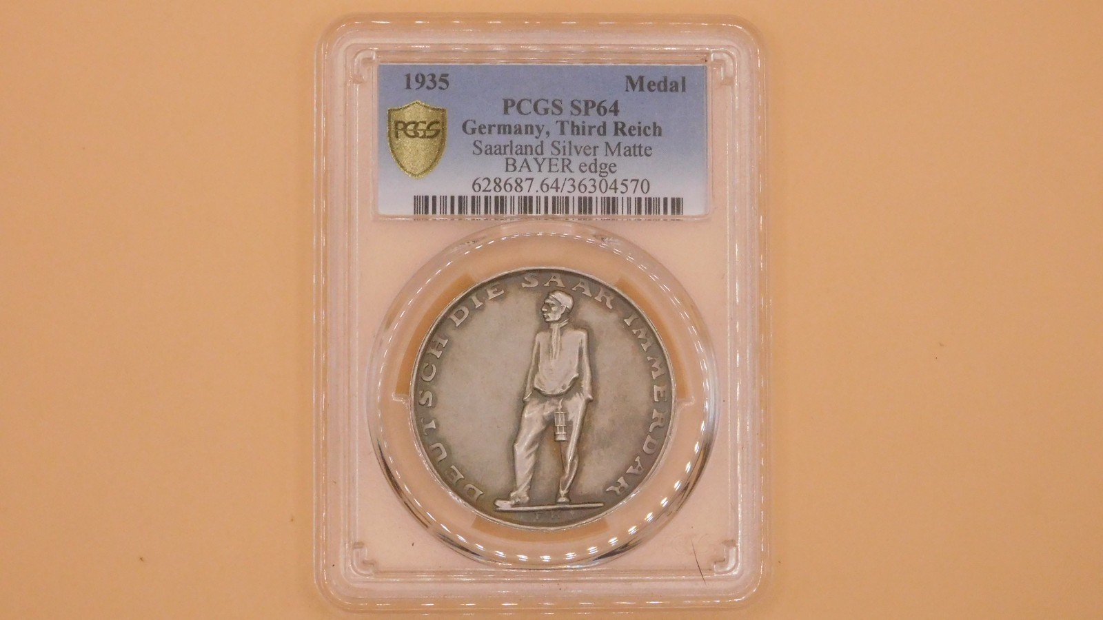1935 Germany Third Reich Silver Medal Saarland Bayer Edge PCGS SP64