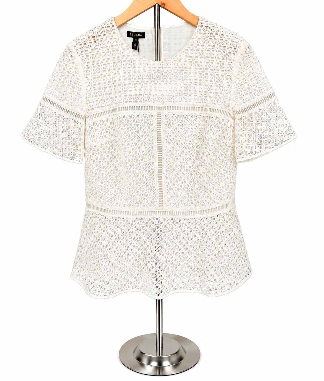 ESCADA Netterling Lace Peplum Top Women\'s 36 Off White Bell Sleeve NWT