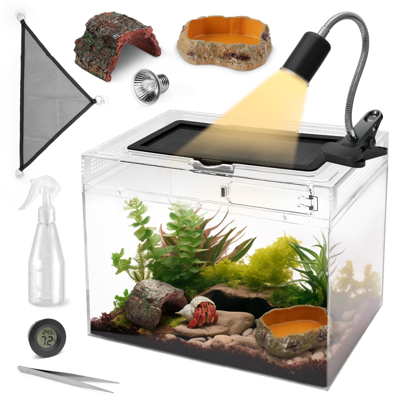 Gal Reptile Terrarium Starter Kit 8pc Clear Tank Heat Lamp Hygrometer