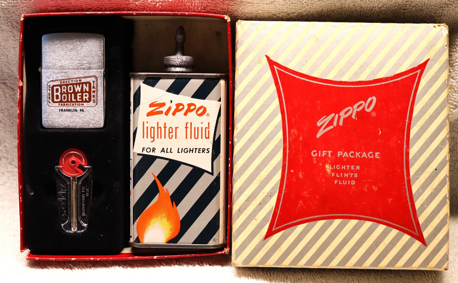 VINTAGE ZIPPO 1963 BROWN BOILER LIGHTER GIFT SET UNFIRED IN BOX 2517191