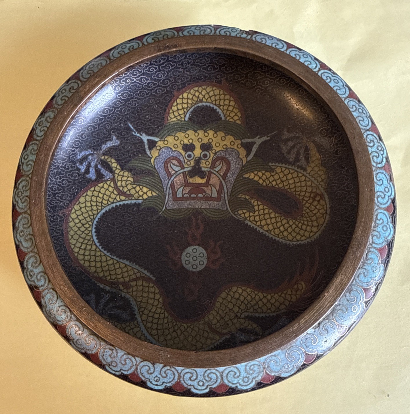 Vintage Chinese Cloisonne Dragon Bowl 5.5” Paintbrush Bowl Vintage Chinese Cloisonne Dragon Bowl 5.5” Paintbrush Bowl