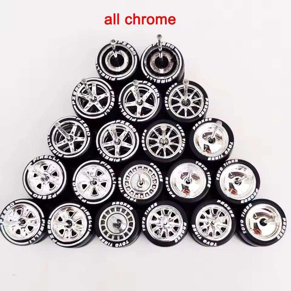 10 Sets Chrome Mix 11mm Rims & Toyo/Pirelli Rubber Tires For 1/64 Hot Wheels