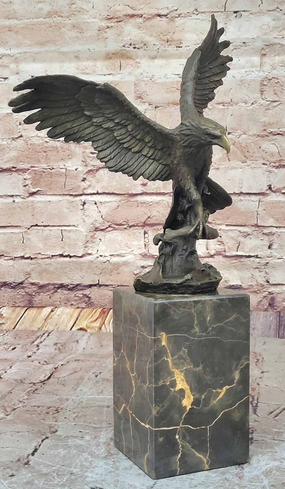 Beautiful SIGNED Cast Bronze Eagle Fisherman w Fish on tree Statue Miguel Lopez