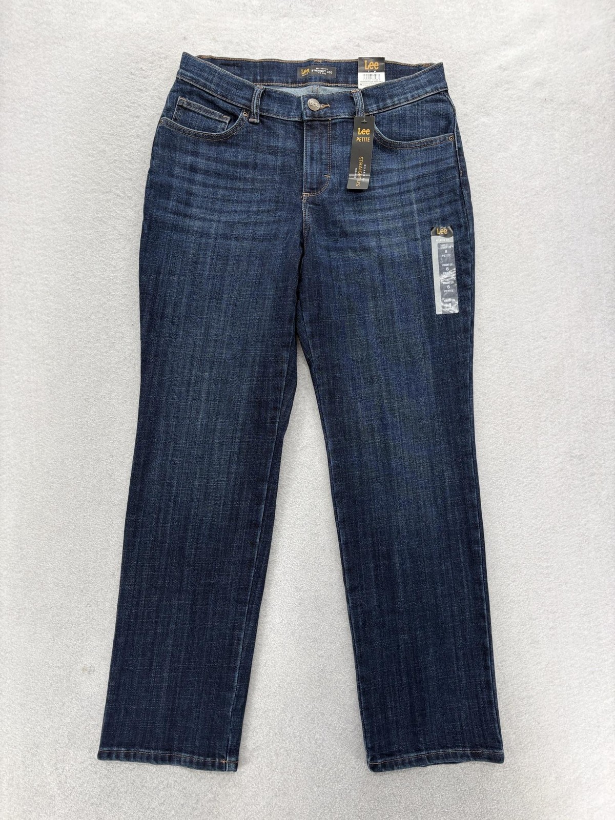 Lee Relaxed Fit Straight Leg Jeans Womens 8 Petite Blue Dark Wash Mid Rise NWT