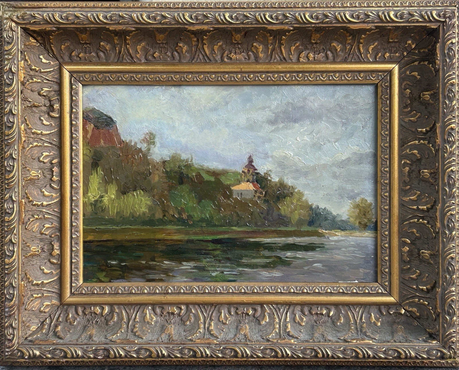 Vintage Impressionist Oil Painting Nature Lake Trees Sky Landscape Framed