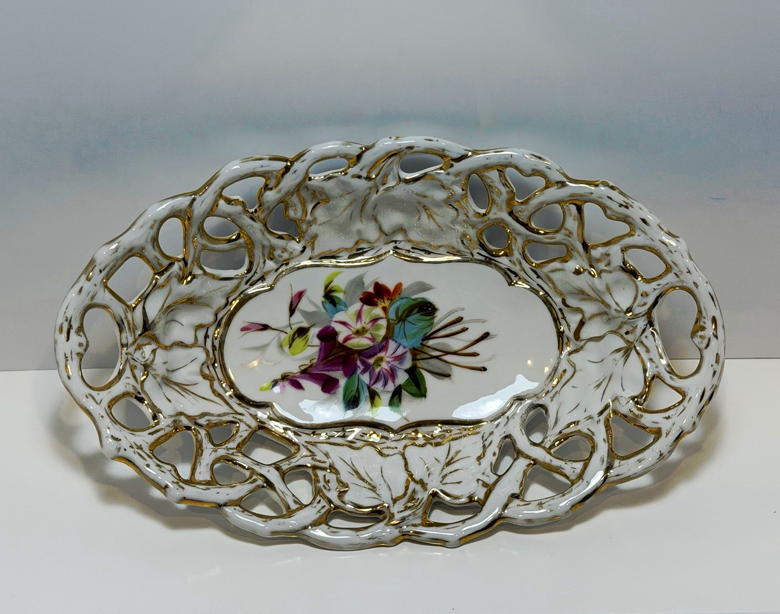 Antique Carl Tielsch CT Germany Reticulated Porcelain Oval Bowl Gilt Floral 11\