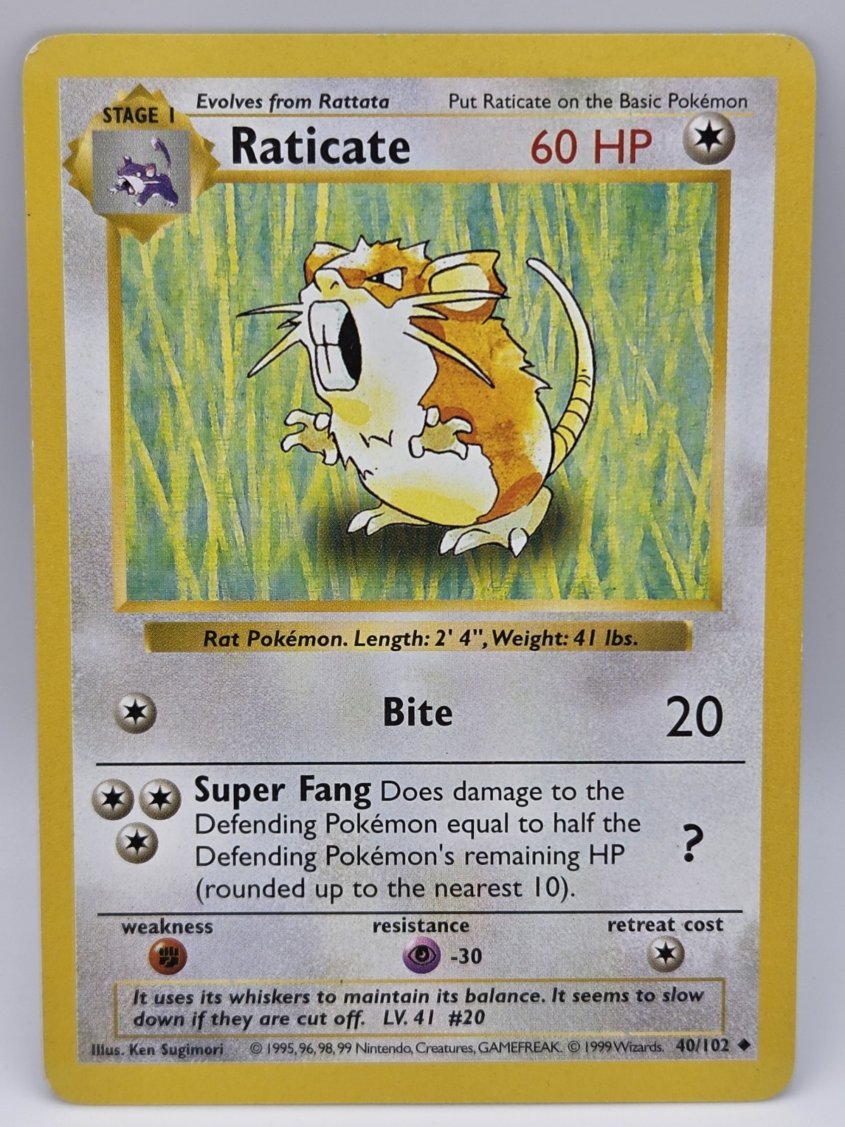 Pokémon Base Set Shadowless Raticate 40/102 LP Lightly Played WOTC Vintage