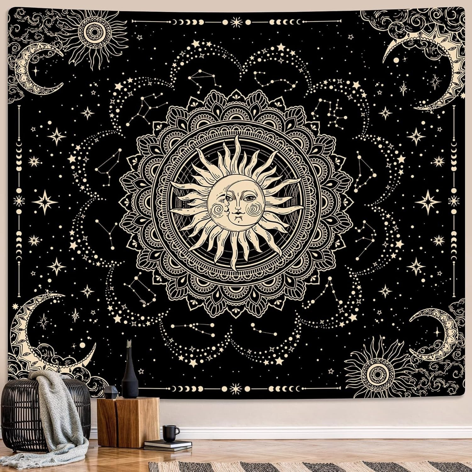 Sun and Moon Tapestry, Black Golden Mandala Tapestries Astrology Sun and Moon Tapestry, Black Golden Mandala Tapestries Astrology