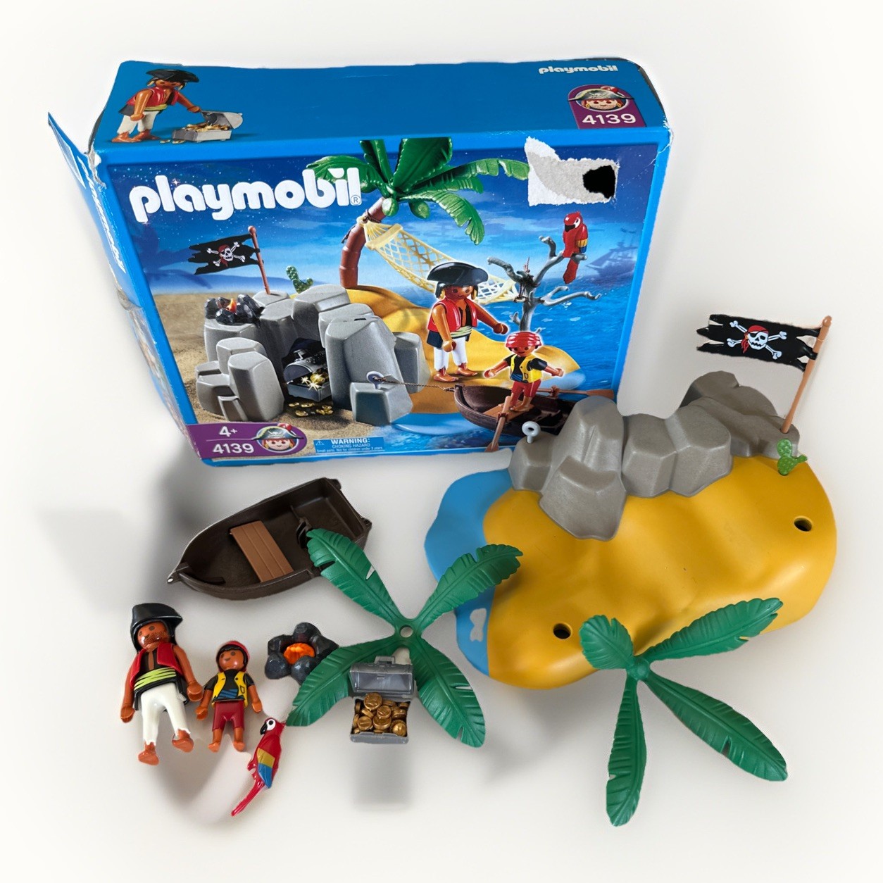 Playmobil 4139 Pirate Island 80% Complete Treasure Chest w/ Coins Parrot Boat