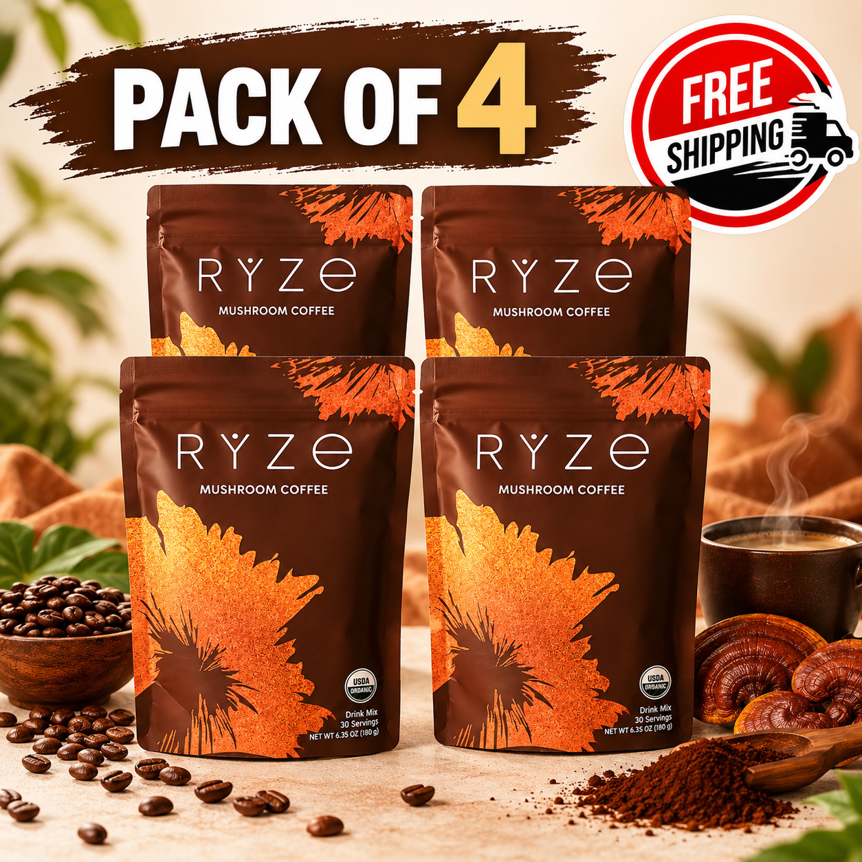 RYZE Mushroom Coffee 4 Pack Organic Instant Coffee 30 Servings Each pin