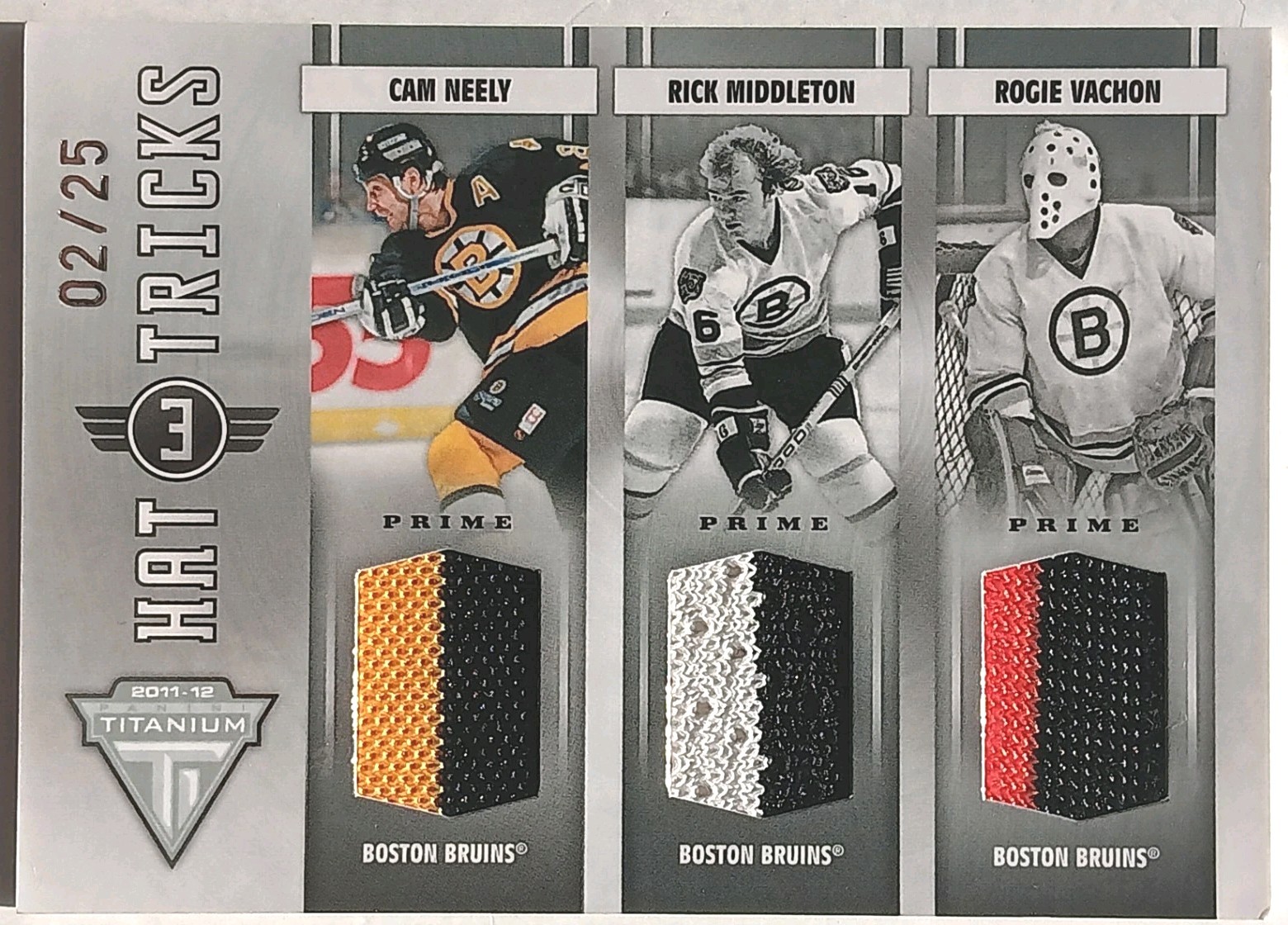 2011-12 Panini Titanium Hat Tricks Prime Neely / Middleton / Vachon /25 Bruins