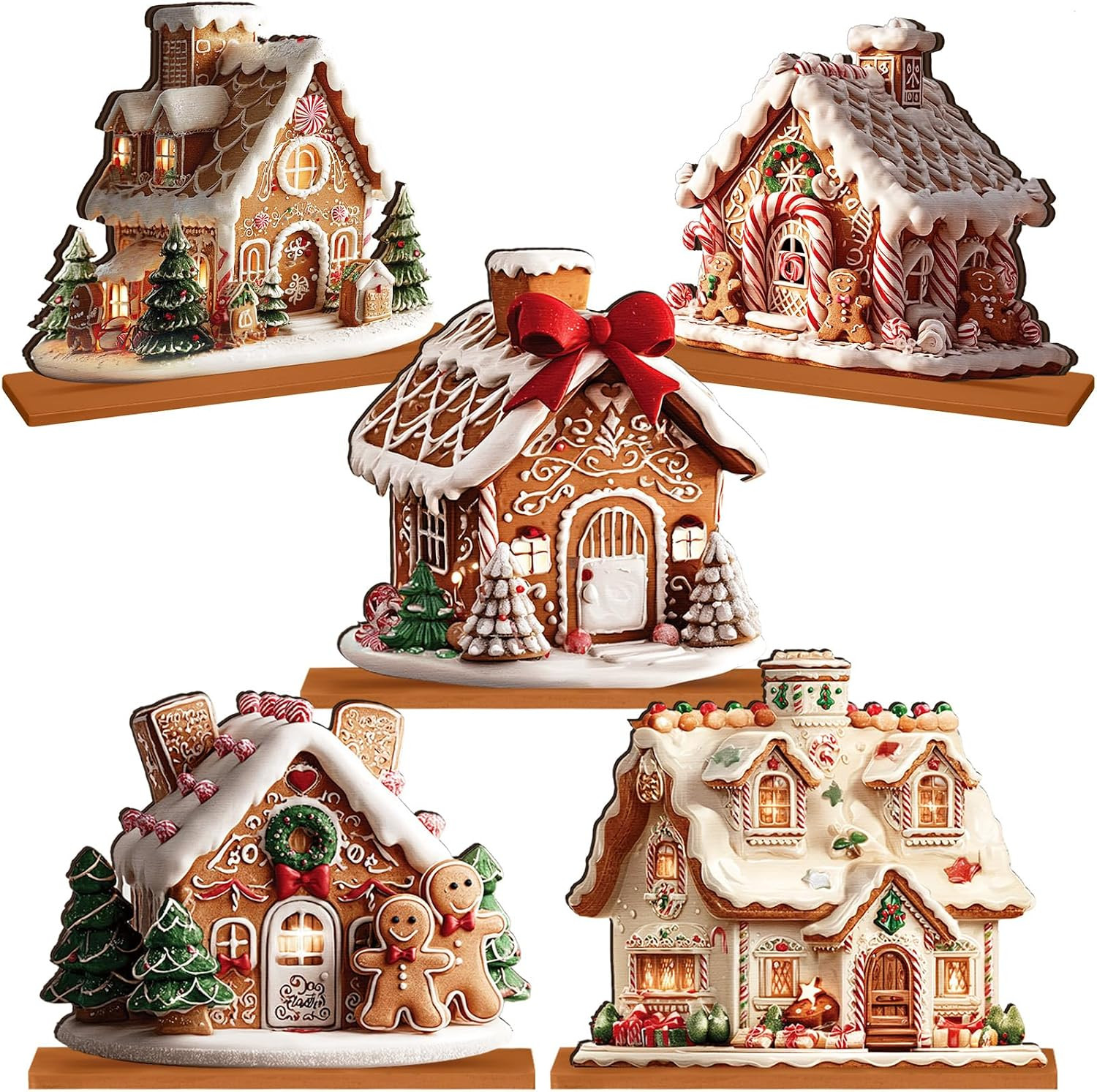 Rattanview 5 Pcs Gingerbread Christmas Table Decor, Gingerbread Village Set