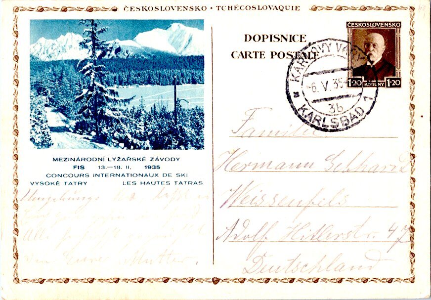 Czechoslovakia 1.20K Masaryk Illustrated Mezinarodni Lyzareske Zavody Postal Car