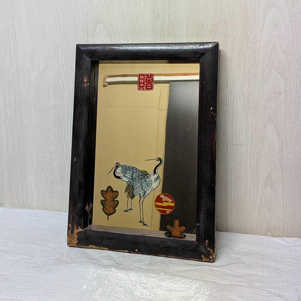 ​Japanese Vintage Wooden Wall Mirror Crane Bird Pine Tree Retro Decor Framed