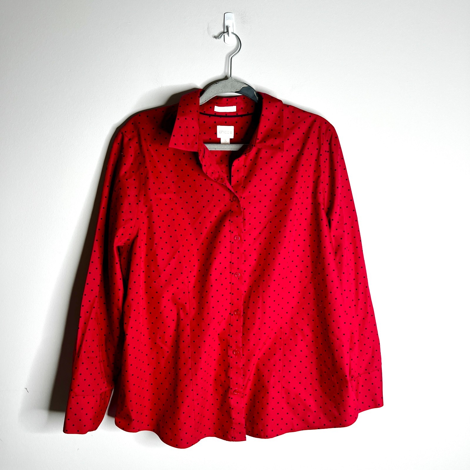 Chico\'s No-Iron Red Tiny Black Polka Dot Button-Up Preppy Classic Career Sz XL
