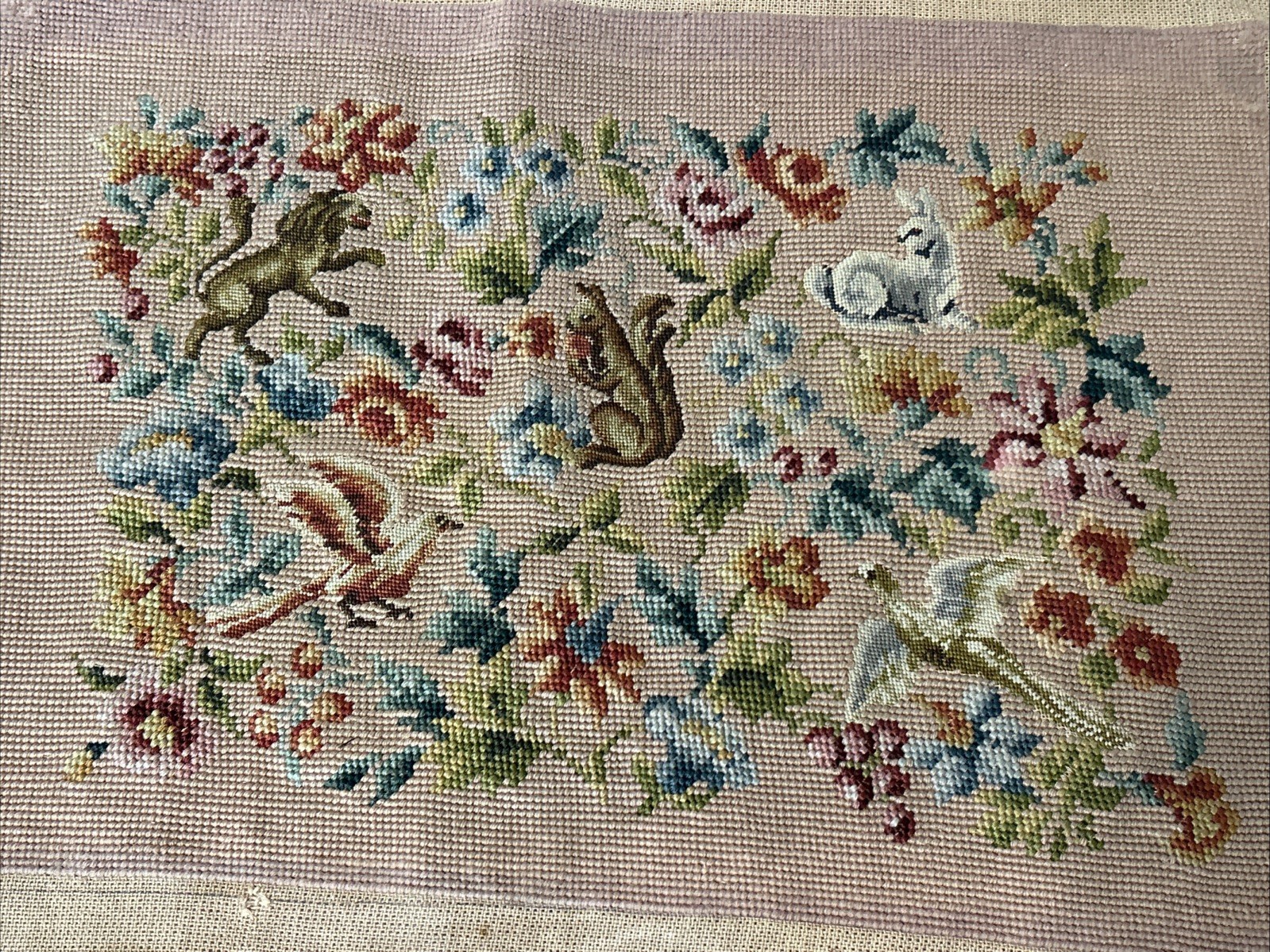 Antique NEEDLEPOINT Squirrel Rabbit Bird Floral Hiawatha Heirloom Super Canvas