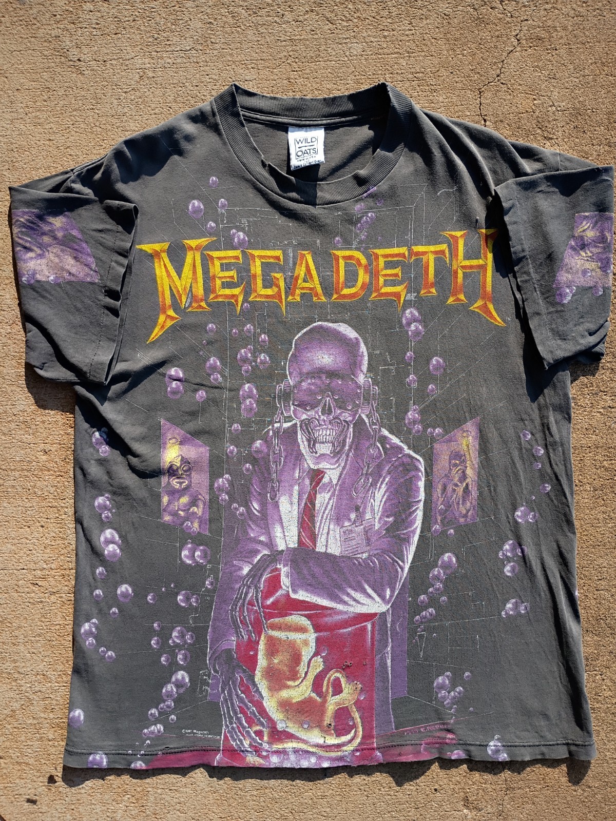 RARE Vintage 90s Megadeth AOP Wild Oats Single Stitch Band T Shirt Size L