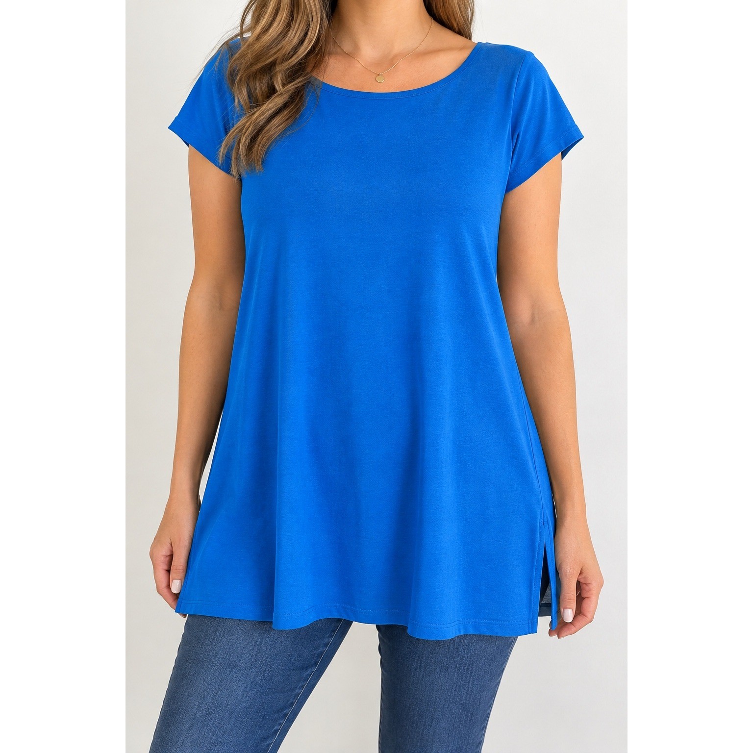 Eileen Fisher XL Blue Tunic Top Short Sleeve Side Slit A-Line Jersey Made USA Eileen Fisher XL Blue Tunic Top Short Sleeve Side Slit A-Line Jersey Made USA