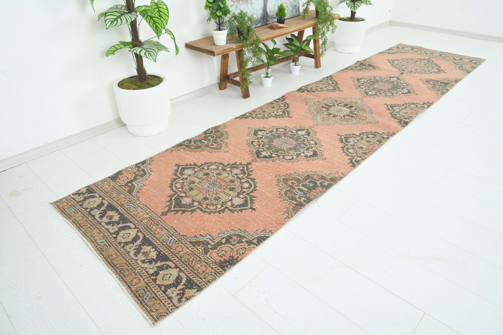 Turkish Runner Rug 3x13 Hand-Knotted Vintage Oushak Oriental Rug Carpet,476