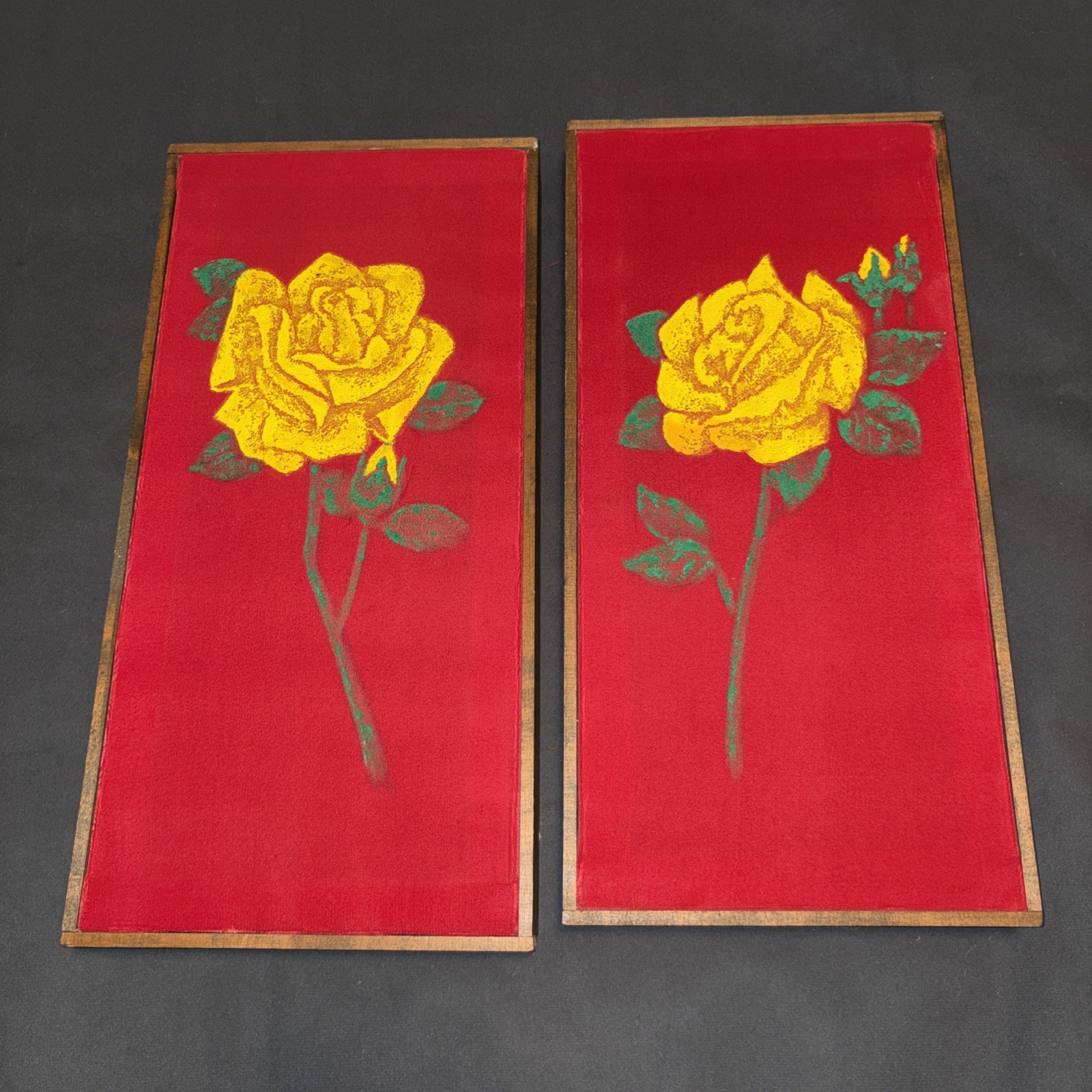 Vintage Pair Yellow Rose Painted Fabric Wall Art Red 20 x 9.5 Retro Floral Decor