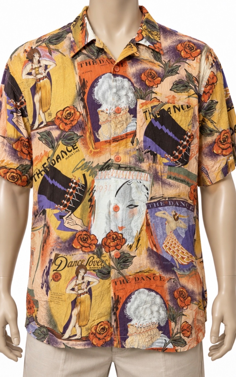 Vintage Jams World Crinkle Shirt 1930s Dance Magazine Collage Novelty Print XXL Vintage Jams World Crinkle Shirt 1930s Dance Magazine Collage Novelty Print XXL