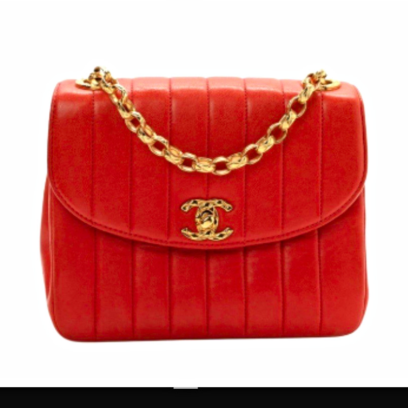 RARE VINTAGE CHANEL Red Small Shoulder Bag w/24 karat gold hardware with mirror