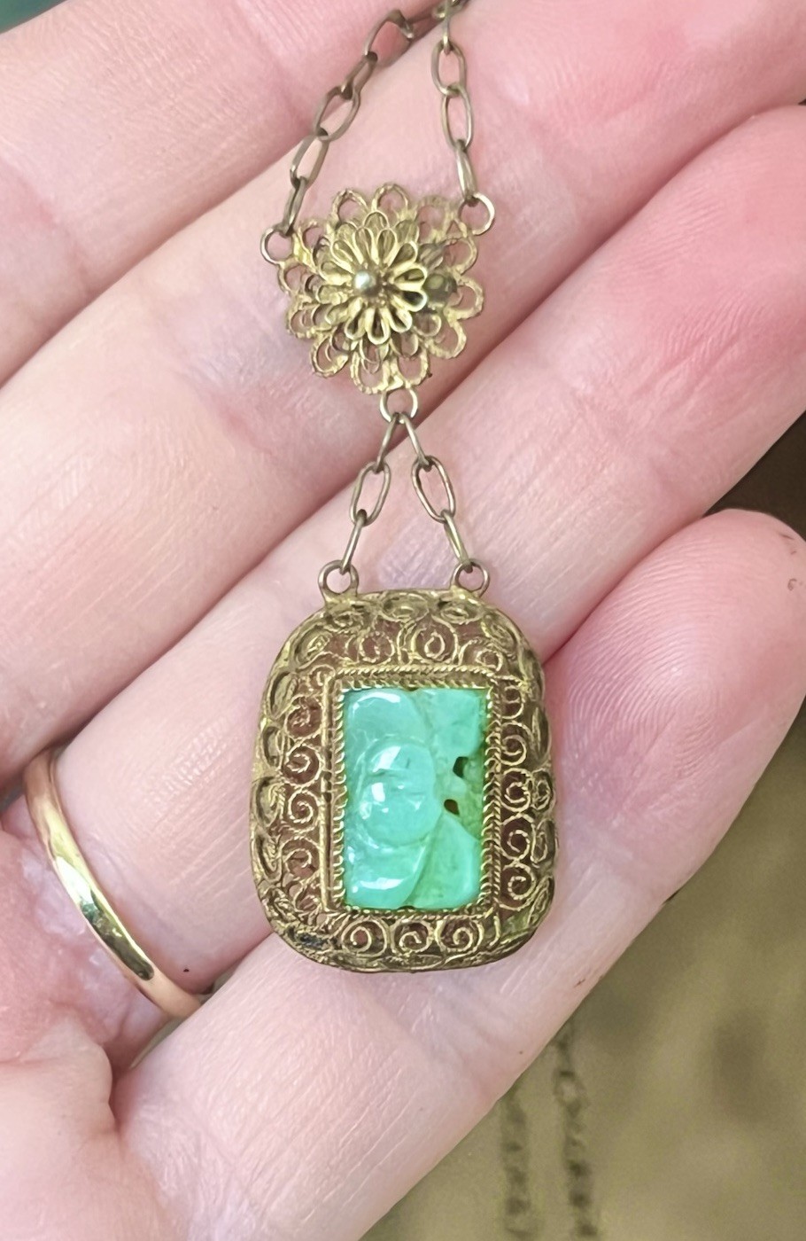 Antique Qing Dynasty Carved Natural Jadeite Solid Silver Gold Filigree Necklace