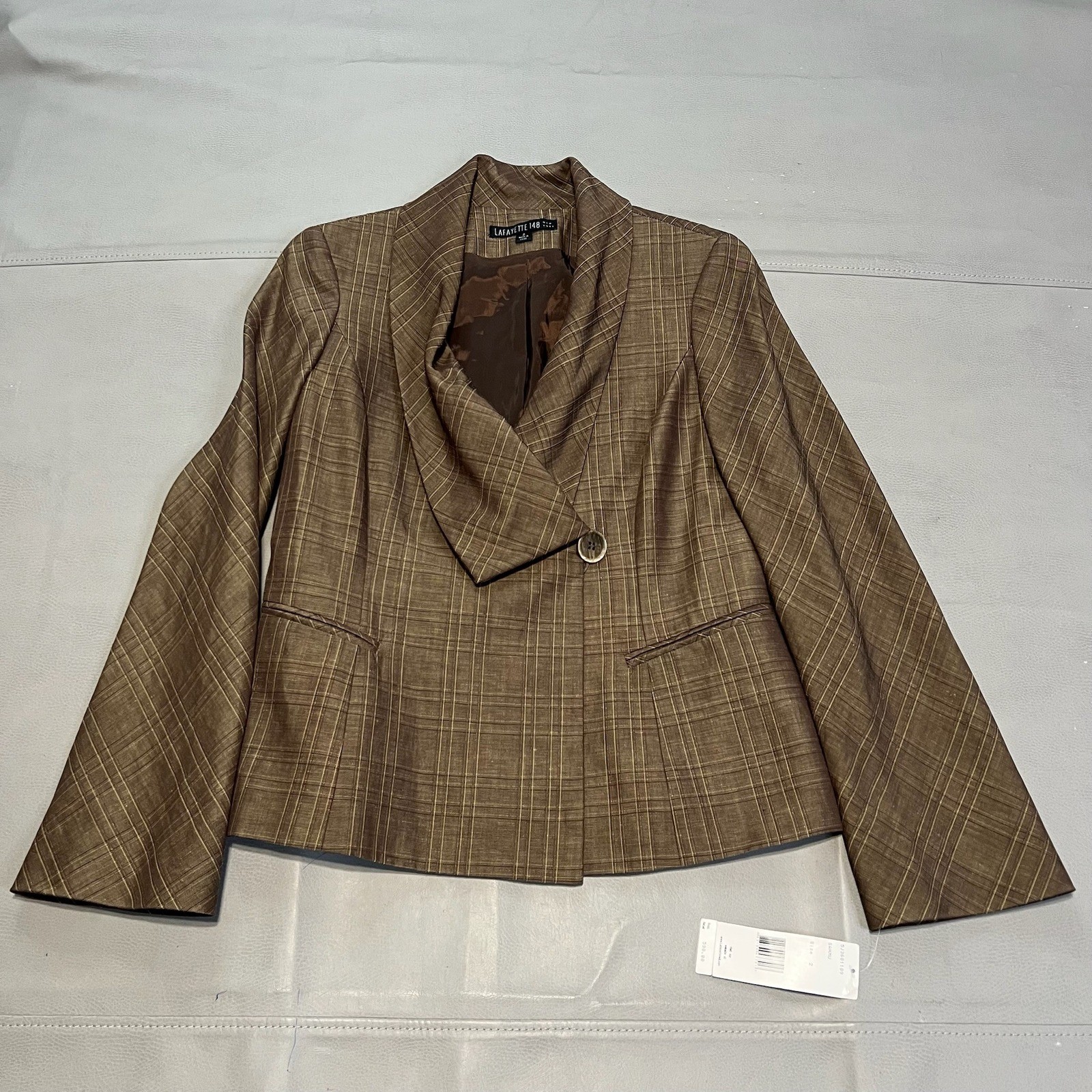 New Lafayette 148 New York Women Brown Plaid Check Blazer Shawl Linen/Wool-3922 New Lafayette 148 New York Women Brown Plaid Check Blazer Shawl Linen/Wool-3922