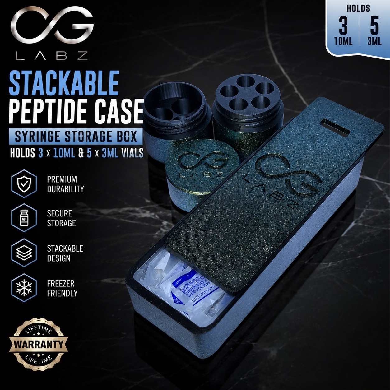 CG LABZ Peptide Storage Case 3mL 10mL Vial Holder Syringe Organizer Stackable