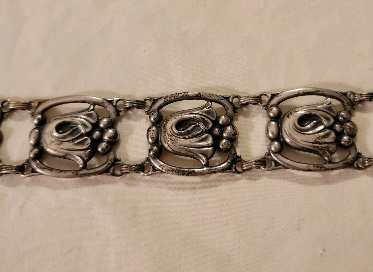 Vtg 1940s Danecraft Sterling Silver Art Nouveau Tulip Panel Link Bracelet